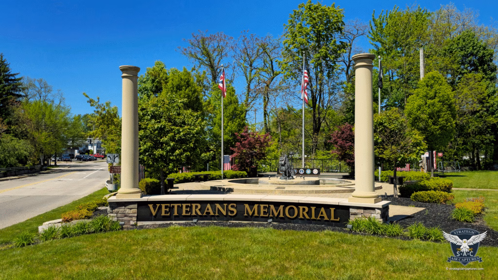 A wide view of the Cortland Veterans Memorial at Point Park, Cortland, Ohio.